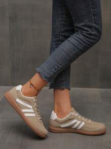 拼色运动鞋 - 拼色休闲运动鞋 - 系带、轻便、软底 - 散步、滑冰、日常穿着 - 女士 - 舒适、时尚、多功能 - 融入时尚与舒适的融合，拼色运动休闲 PU 皮革系带运动鞋，适合假期、学校、家庭、健身房、春夏季 - 卡其色 - 查看 2