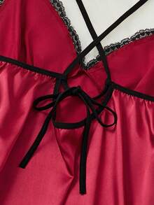 Valentine's Day Gift Women's Solid Color Sexy Lingerie Nightgown - Lace Trimmed Back Crossover Design, High Slit V-Neck Sleep Dress Pajamas Set