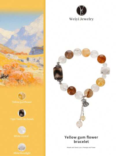  1pc High Quality S925 Silver Natural Yellow Amber Flower Bracelet With Multi-Gem Crystals, Tiger Eye, Turquoise Beads, Bring Good Luck & Fortune, Suitable For Self, Girlfriend, Friend, Mother, Unisex. Jewelry Color Randomly Assorted