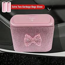 Car-Mounted Cute Bow Diamond-Studded Trash Can, Portable Press-Type Car Trash Can, Sparkling Diamond Trash Can, Car Decorative Trash Can