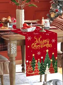1pc 35*180cm/13.78*70.87inch Christmas Tablecloth With Red & Gold Christmas Tree And Snowflake Pattern, Suitable For Dining Table, Entryway, Coffee Table Holiday Decor, Fabric Winter Seasonal Decoration - Multicolor - View 7