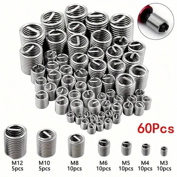 Kit de reparación de hilos de acero inoxidable M3 a M12 de 60 piezas, inserto de bobina helicoidal de cobertura completa para reforzar roscas desgastadas, herramienta industrial antidesgaste
