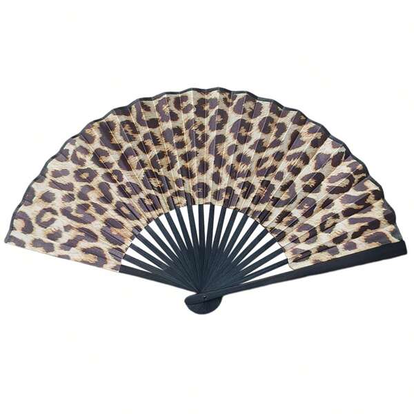1pc Elegant Leopard Print Bamboo Folding Fan With Black Frame, Fashion Princess Theme, Lightweight Portable Hand Fan For Ladies, Suitable For Summer Travel, Beach And Daily Use