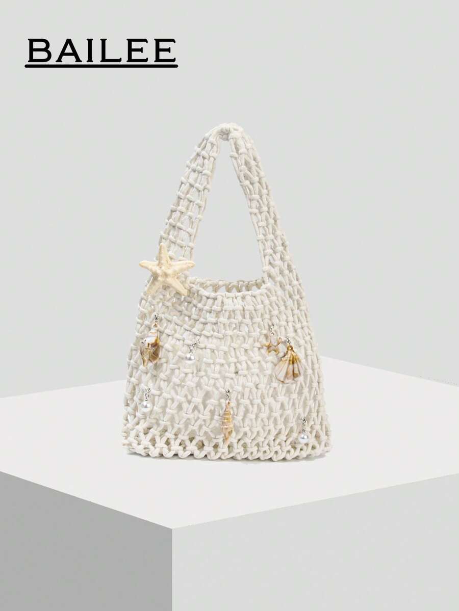 BAILEE Fashionable Colorful Polyester Yarn Hand-Woven Pattern Handbag With Ocean Pendant, Suitable For Vacation