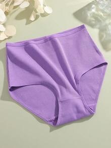 FINETOO 4pcs Pure Cotton Tummy Control Comfortable Ribbed Solid Color High Waist Women's Triangle Panties, Plus Size Women's Underwear, Size S-XXXL - Multicolor - View 7
