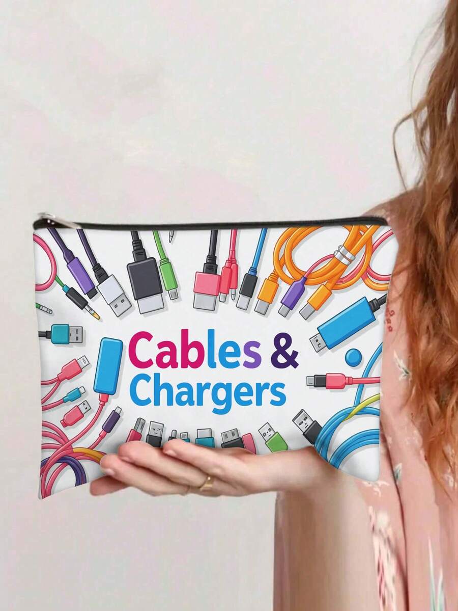 鲜艳的彩色电缆和 USB 收纳袋 - 耐用帆布拉链袋，男女通用电子配件盒，印有“CHARGERS”字样，适合旅行或居家使用，小袋，圣诞礼物 - 彩色 - 查看 1