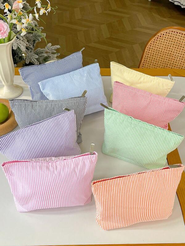 1Pc Fashion Stripe Makeup Bag Waterproof Stripe Cosmetic Bag Women'S Cosmetic Bag Portable Canvas Travel Toiletries Storage Bags Makeup Case Clutch Purse Handbags Small Bag Storage Makeup Case,Candy Colored Handbag,Travelling Bags For Ladies,Sanitary Napkin Bag,Pencil Case Daily Big Large Capacity Makeup Brushes Travel Toiletry Bag