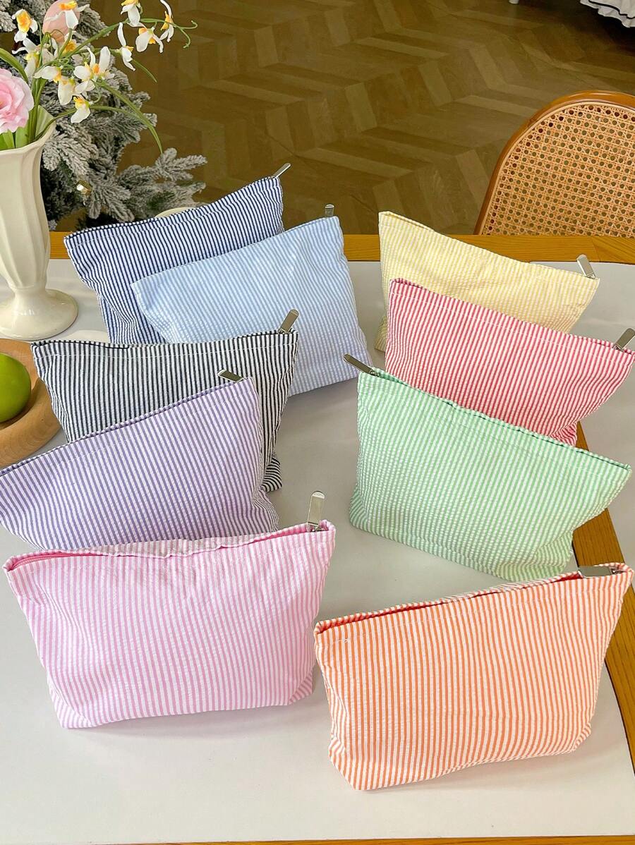 1Pc Fashion Stripe Makeup Bag Waterproof Stripe Cosmetic Bag Women'S Cosmetic Bag Portable Canvas Travel Toiletries Storage Bags Makeup Case Clutch Purse Handbags Small Bag Storage Makeup Case,Candy Colored Handbag,Travelling Bags For Ladies,Sanitary Napkin Bag,Pencil Case Daily Big Large Capacity Makeup Brushes Travel Toiletry Bag - Multicolor - View 1