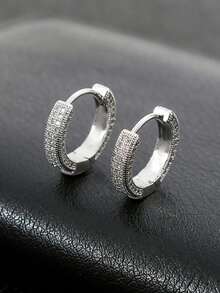 1 Pair Fashionable Full Rhinestone Hoop Earrings, Versatile For Men And Women, Stainless Steel Gold Color Earrings Suitable For Daily Wear