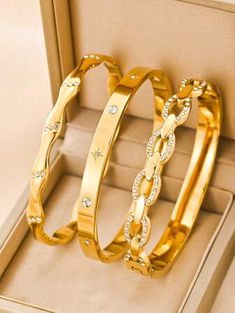 3 件/套或 1 件 18K 不锈钢女士手链，奢华高端欧美风格时尚优雅配饰，适合日常穿着、休闲、女性派对、节日礼物、宴会、与朋友聚会、婚礼、订婚、音乐节、夏季海滩度假