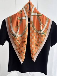 1条70厘米方形缎面围巾，时尚佩斯利印花，女士披肩，颈巾，头巾，花卉图案，适合搭配连衣裙 - 橘色鏈條 - 查看 2