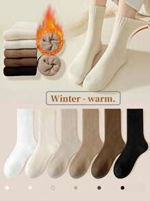 1/4/6双装女士保暖加厚短袜，冬季踝袜，纯色，睡眠袜，家居袜，绒面袜，黑白纯色，舒适保暖透气 - 彩色 - 查看 14