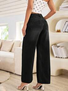 Women's Loose Button Front Wide Leg Plus Size Jeans, Casual And Fashionable-Fall Clothes For Women - Black - View 9