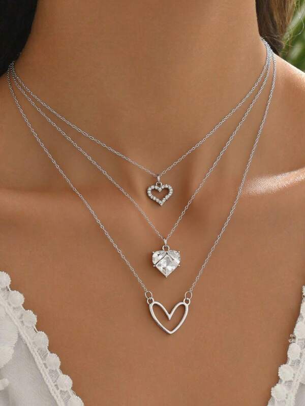 Wis 3 Pieces/ Set Heart Design Shiny Zirconia Inlaid Pendant Necklace Elegant Simple Style Zinc Alloy Jewelry Valentine's Day Gift