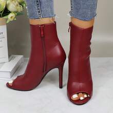 Womens Peep Toe Stiletto Booties Side Zipper High Heel Open Toe Ankle Boots CHARLIE-212 - 葡萄酒 - 查看 3