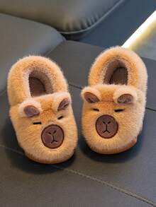 1 Pair Kids Capybara Plush Cartoon Decor Soft Bottom Lightweight Indoor Slippers, Suitable For Boys And Girls, Backless And Warm For Indoor Wear - Coffee Brown - View 3