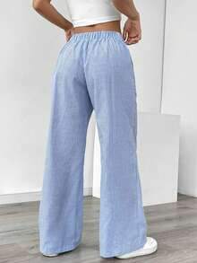 Pantalones de rayas de corte recto y holgado para mujer, pantalones de rayas azules de tiro bajo y corte holgado para mujer, pantalones casuales de rayas de corte holgado para mujer, adecuados para el trabajo, las vacaciones y ocasiones de ocio. - Azul - Ver 2
