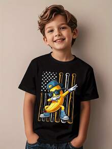 Graphic Banana Retro American Flag Dabbing Banana Enthusiasts Fun Aesthetics Graphic Children's T-Shirt Popular Children's T-Shirt Street Clothing Top T-Shirt - 黑色 - 查看 1