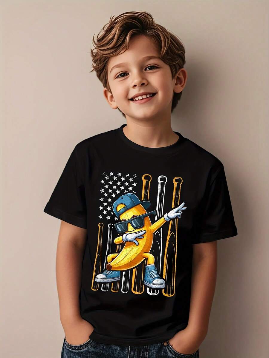 Graphic Banana Retro American Flag Dabbing Banana Enthusiasts Fun Aesthetics Graphic Children's T-Shirt Popular Children's T-Shirt Street Clothing Top T-Shirt - 黑色 - 查看 1