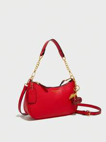 火辣少女风红色，新款时尚经典百搭字母图案装饰设计纯色PU防水面料单肩包月牙包腋下包适合逛街，可斜挎。带樱桃吊坠装饰，夏日月牙包，海边度假，开学季，女士钱包。 - 查看 2