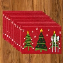1 pieza/4 piezas/6 piezas Manteles individuales de lino con estampado de copos de nieve y árboles de Navidad, decoración navideña, adecuados para mesa de comedor, todo el año, manteles de mesa modernos y lavables, decoración del hogar, manteles individuales, posavasos, alfombrillas de cocina y comedor, decoraciones de fiesta interior y exterior, regalo ideal