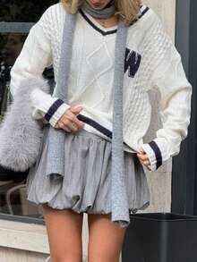 Maglione da donna con scollo a V, stile college retrò americano, moda autunno/inverno 2025, maniche lunghe, lasco e ampio, con motivo jacquard a lettera