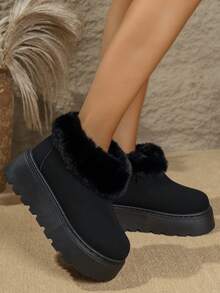 New Women's 6cm Thick Sole Fur Lined Snow Boots In Camel, Beige, Black, Warm Winter Flat Ankle Boots, Outdoor Round Toe Slip-On Fashion Furry Boots - Black - View 1