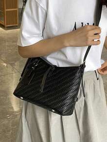 女士 PU 菱形图案单肩包，可调节肩带