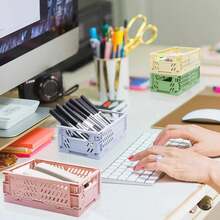 Plastic Foldable Storage Box, Foldable Basket, Stackable Cute Makeup, Jewelry, Toy Storage Box, Portable Plastic Stackable Foldable Stationery Storage Box, Minimalist Cute Student Office Desk Organizer - Multicolor - View 7