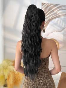24-Inch Black Wavy Ponytail Hair Extensions, Heat-Resistant Synthetic Fiber, Clip-In Style, Suitable For Girls And Women For Daily Use - Black - View 5