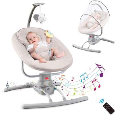 Dondolo Neonati,Sdraietta elettrico neonati altalena da 0 fino a 10kg con musica,pieghevole,telecomando e Bluetooth,a 5 velocità silenzioso (Grigio Chiaro)