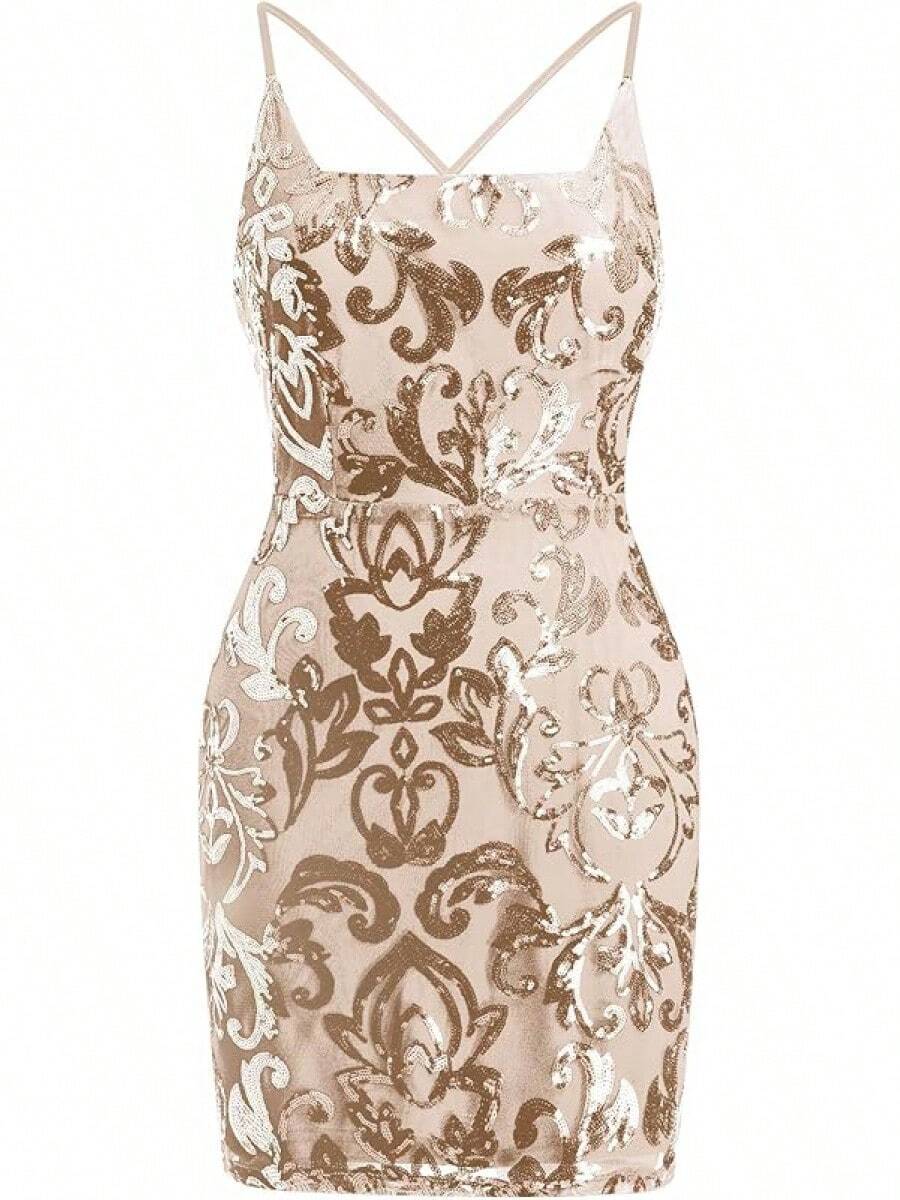 Vestido de graduación para adolescentes con lentejuelas, mini vestido ajustado con tirantes de espagueti y destellos florales - Dorado - Ver 1