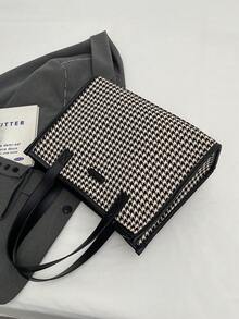 千鸟格图案大号托特包，女士时尚简约大容量单肩包，通勤百搭 - 黑色 - 查看 11