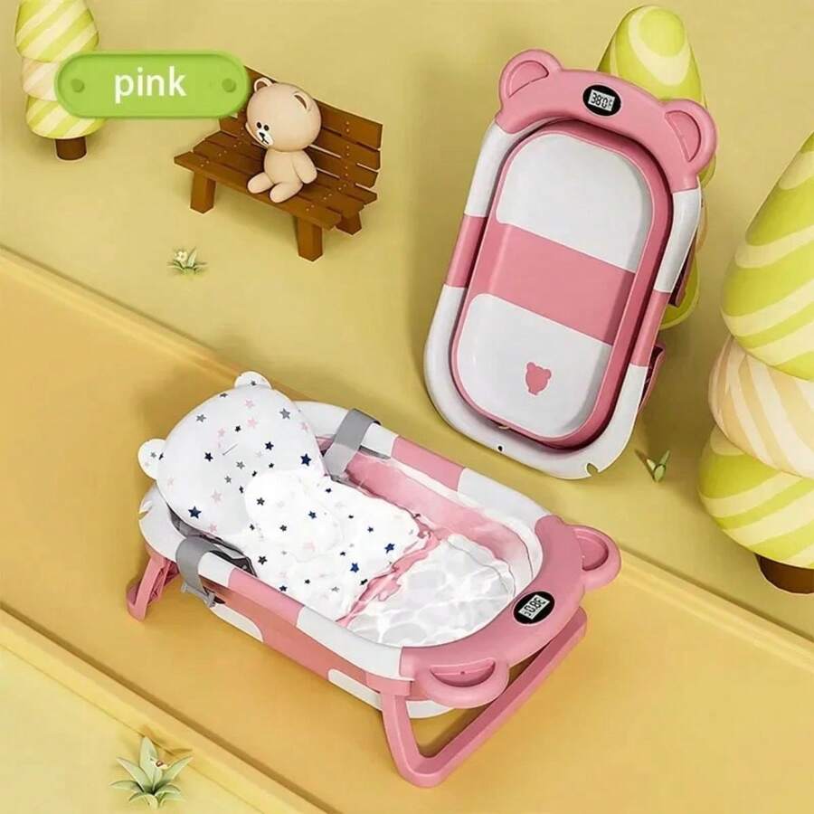 Bañera Plegable Para Bebe Con Detector de Temperatura Con Alfombra - Rosa - Ver 1