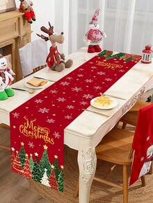 1pc 35*180cm/13.78*70.87inch Christmas Tablecloth With Red & Gold Christmas Tree And Snowflake Pattern, Suitable For Dining Table, Entryway, Coffee Table Holiday Decor, Fabric Winter Seasonal Decoration - Multicolor - View 2