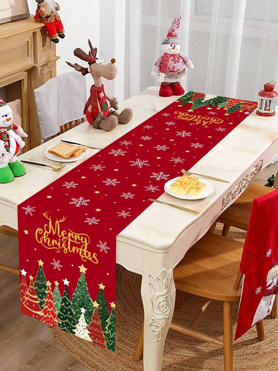 1pc 35*180cm/13.78*70.87inch Christmas Tablecloth With Red & Gold Christmas Tree And Snowflake Pattern, Suitable For Dining Table, Entryway, Coffee Table Holiday Decor, Fabric Winter Seasonal Decoration