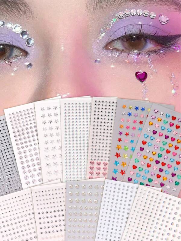 Assorted 3D Realistic Pentagram, Heart, Mixed Color Silver-White Rhinestone, Pearl Bead Faux Jewelry Decorative Stickers, Suitable For Hair, Eyes, Face, Body Decoration, Y2K, Festivals, Parties, Concerts, Masquerades