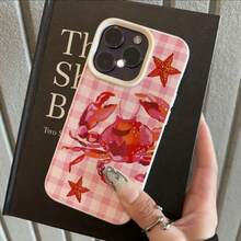 1个TPU材质可爱粉色螃蟹星星格子图案手机壳，兼容苹果/ - 白色 - 查看 3