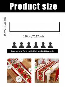 1pc 35*180cm/13.78*70.87inch Christmas Table Runner, Holiday Fabric Decor Tablecloth, Red Bow & Christmas Flower Pattern Long Table Topper, Suitable For Christmas Home Decoration