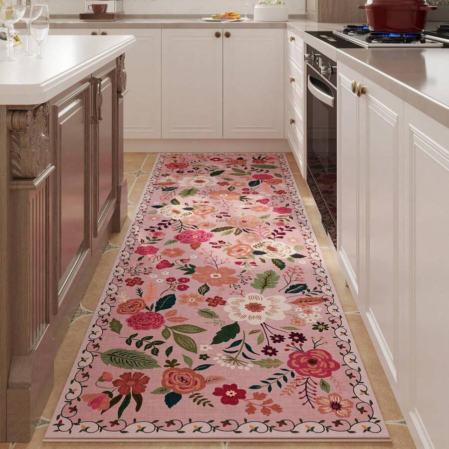 Entreemat met bloemenmotief in Boheemse stijl - antislip, waterabsorberend, binnen- en buitengebruik, decoratie voor entree, slaapkamer, keuken, gang, machinewasbaar, 61 x 180 cm