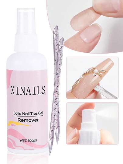 100毫升固体指甲凝胶卸甲液，配有2根卸甲棒，易于软化，适用于美甲贴片、指甲贴纸等固体凝胶指甲卸除工具，适用于美甲沙龙和居家美甲。