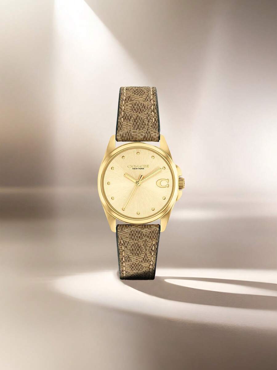 Coach Leather Strap Quartz Wrist Watch For Women With Gold-Tone Iconic C Brand Dial Watch Ladies Chic Luxury Round Analog Watch