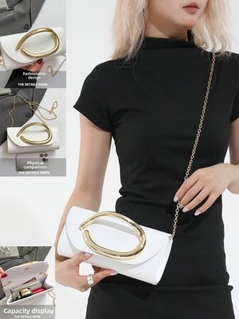 1pc Fashionable, Avant-Garde, High-End PU Faux Leather Shoulder Bag, Metal Chain Strap, Portable & Lightweight, Suitable For Commuting And Shopping, Shoulder/Crossbody Bag