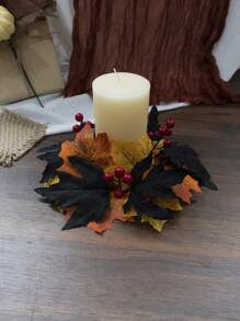 1 pieza Anillo de vela artificial de hoja de arce de Acción de Gracias con bayas y calabaza, decoración floral realista de vid de otoño para puerta, centro de mesa, decoración del hogar de cosecha
