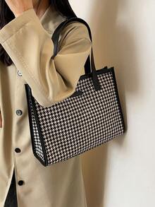 千鸟格图案大号托特包，女士时尚简约大容量单肩包，通勤百搭 - 黑色 - 查看 6