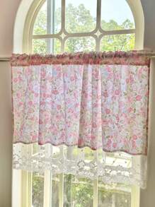1pc Vintage Floral Rose Print Lace Trim Semi-Sheer Curtain, Suitable For Home & Commercial Use, Ideal For Kitchen, Window Decoration, Retro Window Matching, Christmas Window Decor
