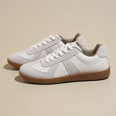 Dual-Color Lace-Up Flat Casual Sneakers For Women, Comfortable, Fashionable, Breathable, Non-Slip, , Suitable For Indoor/Outdoor Activities, Commuting, Office Wear