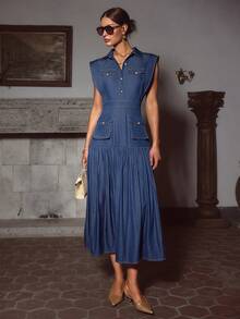 Sollinarry 女士秋季新款牛仔布无袖褶裥口袋连衣裙，适合办公室穿着，也适合教师穿着，优雅春季款 - 藏蓝色 - 查看 3