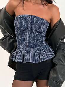 Women Smock Tube Tops Summer Vertical Stripe Print Ruffled Hem Bandeau Backless Shirts For Streetwear - 藍色 - 查看 3