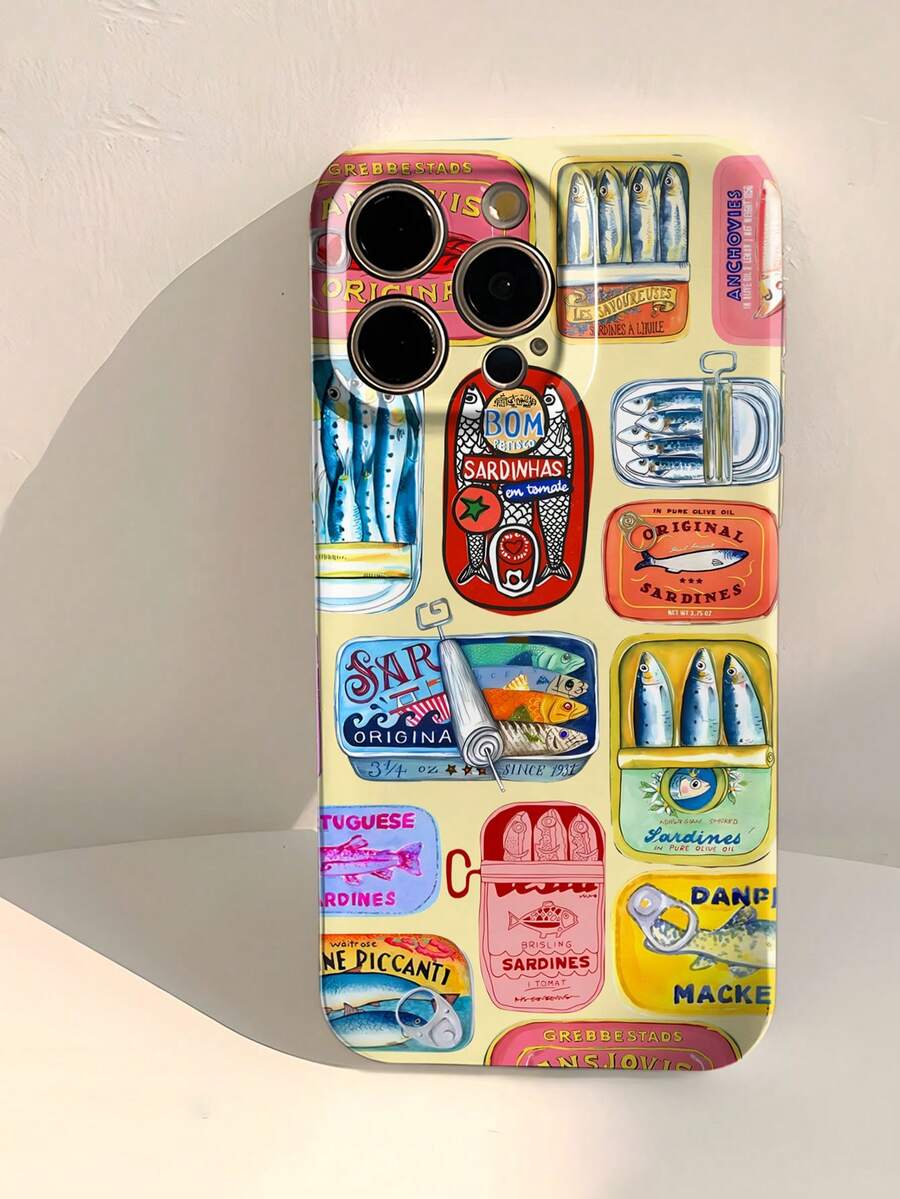 1pc Retro Colorful Sardine Can Graphic Phone Case, Perforated Film Shell Protective Cover Compatible With Samsung/Apple Waterproof Shockproof Anti-Fall Scratch Resistant,International Version, Not The Domestic Version - Multicolor - View 1
